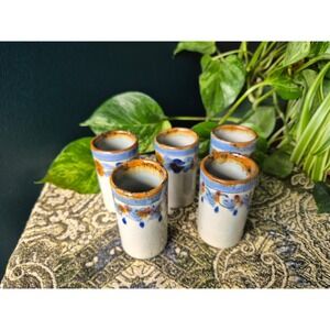 Vintage Mexican Pottery Shot Glasses Set of 5 Rustic Tequila Cups Hand Painted
